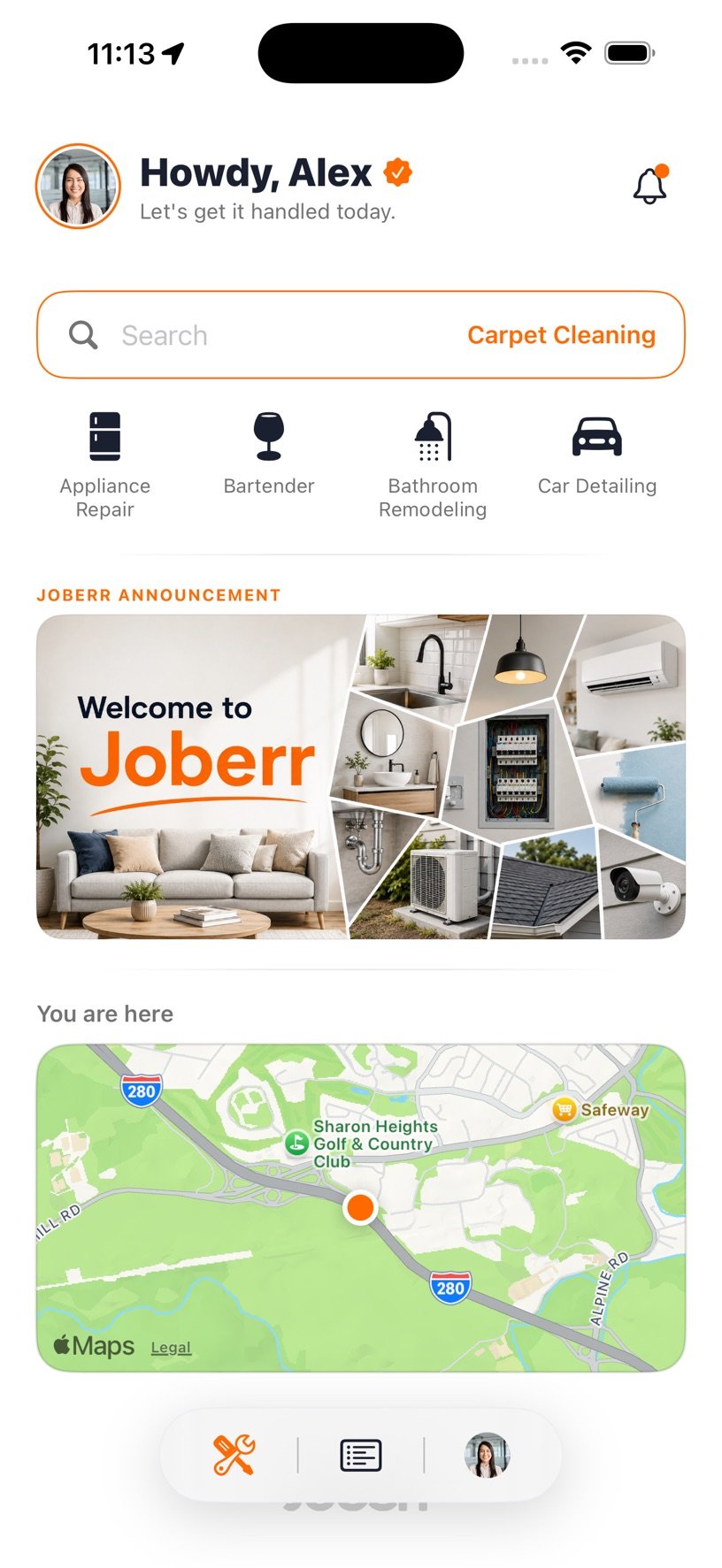 Joberr home screen with service search